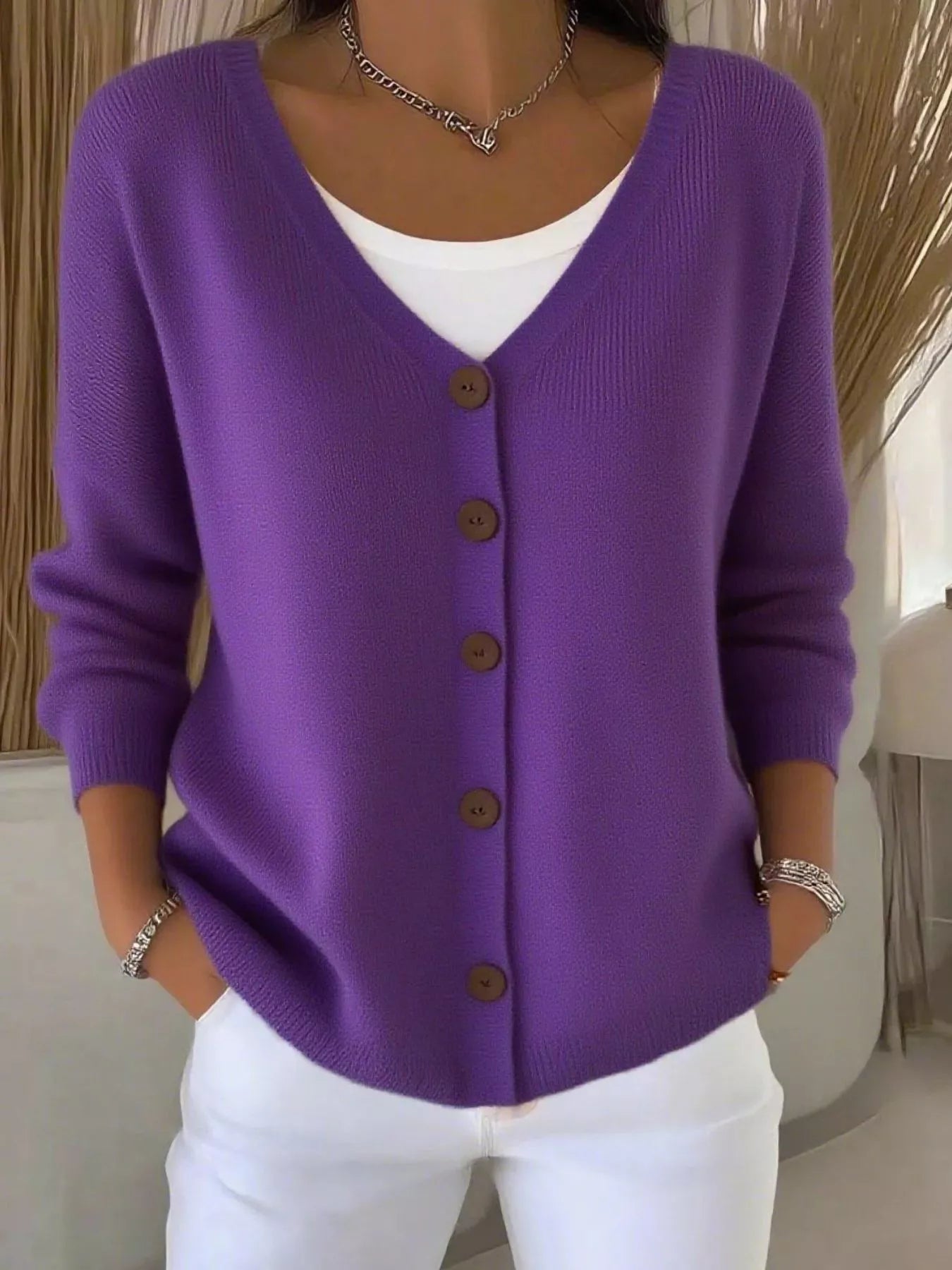 Adara - Elegant Button-Front V-Neck Cardigan