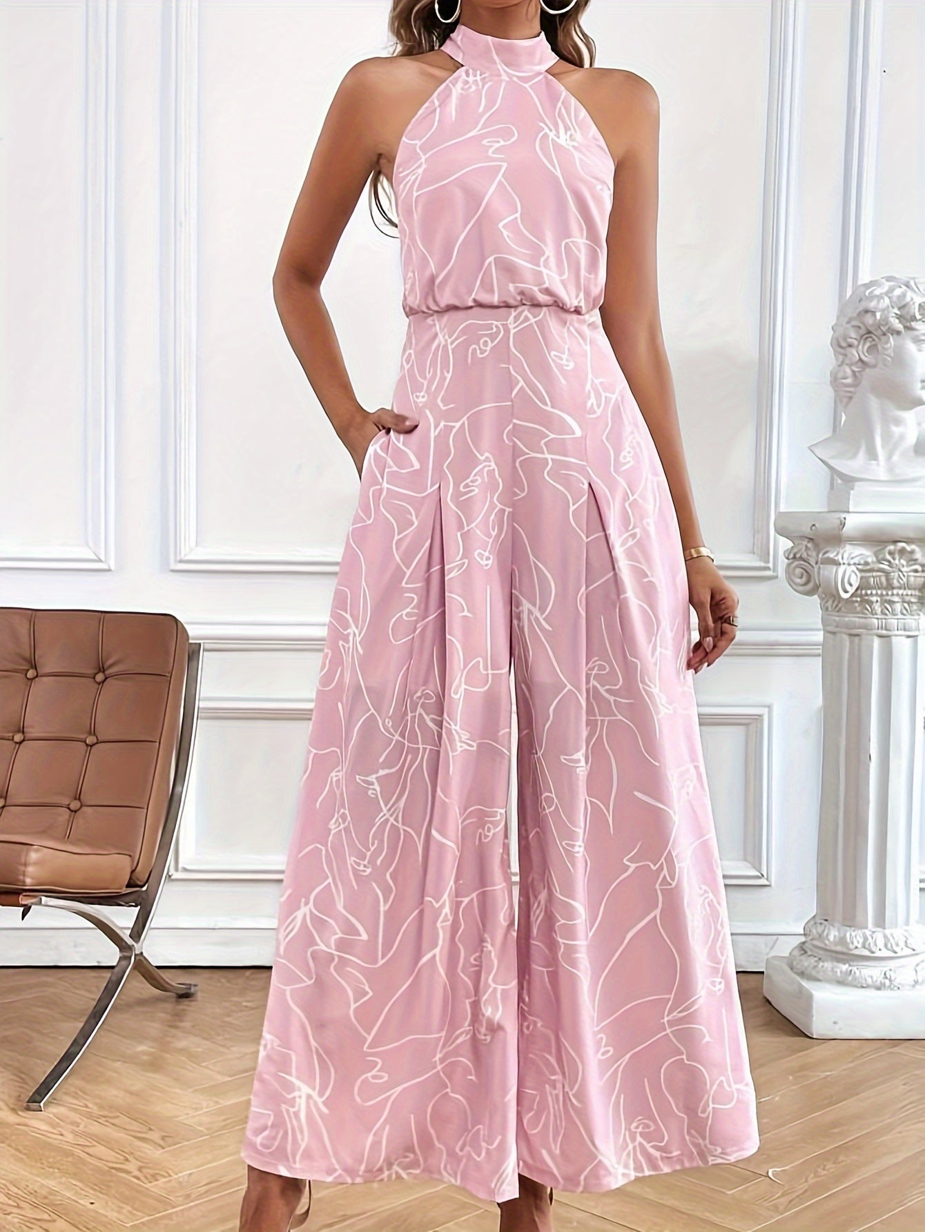 Akira - Elegant abstract print halter wide-leg jumpsuit