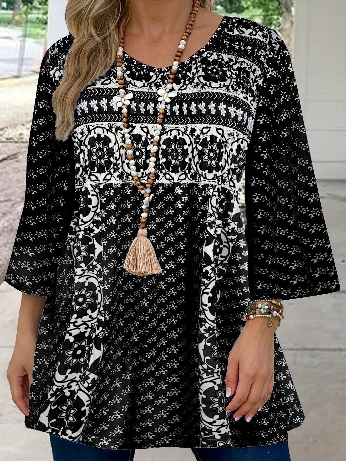 Patrisha - Elegant loose half-sleeve boho print blouse