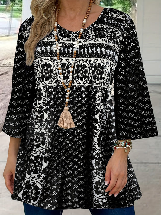 Patrisha - Elegant loose half-sleeve boho print blouse