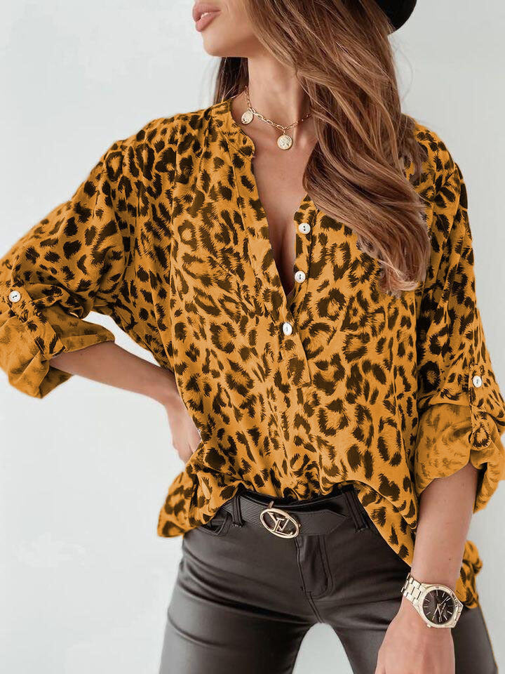 Alynna - Casual long-sleeve loose button-up blouse with leopard print