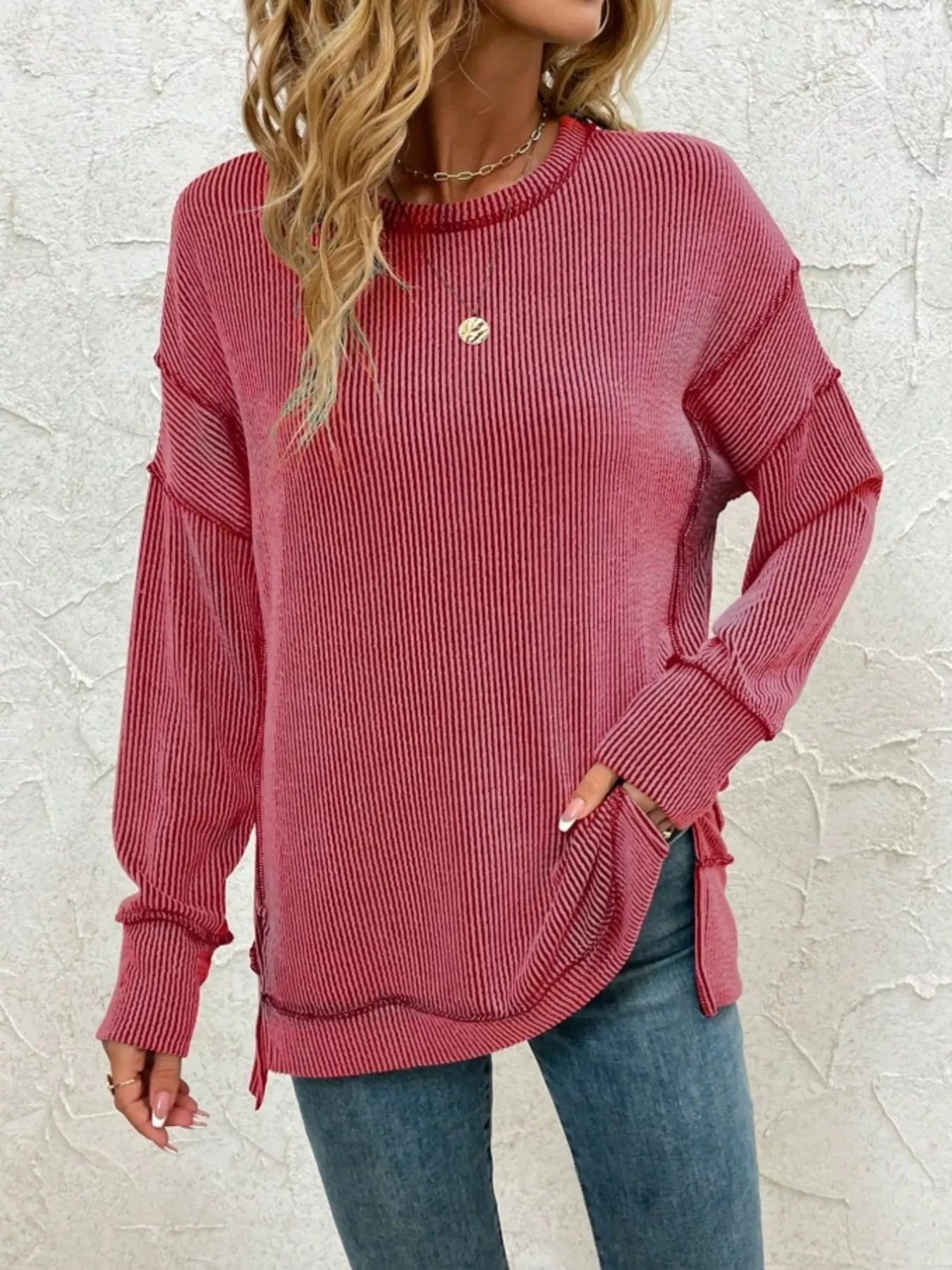 Aimy - Elegant Round-Neck Striped Jumper with Side Slit