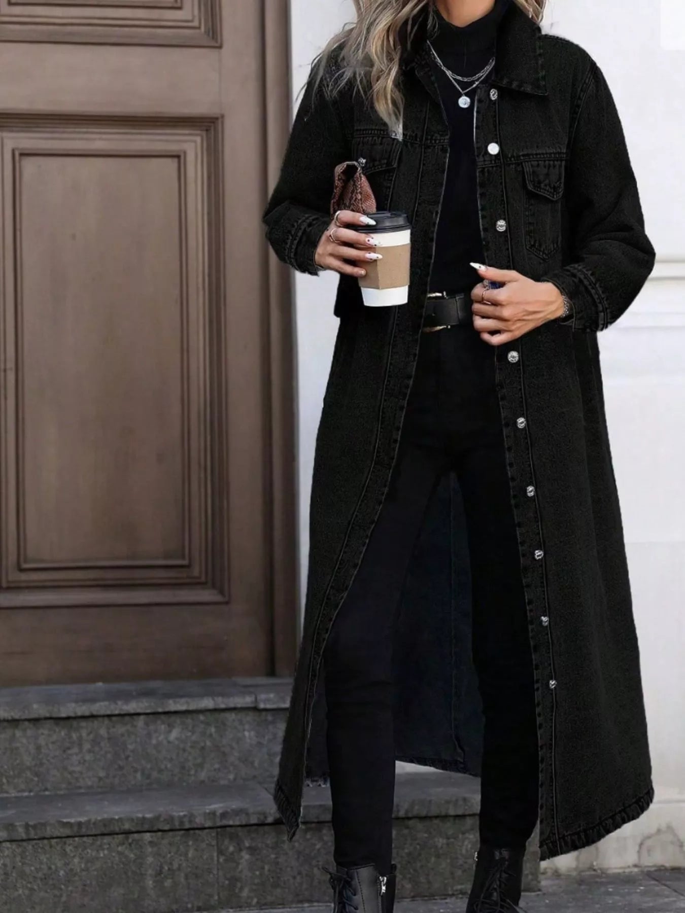 Giuliana - Stylish longline button-front denim jacket coat