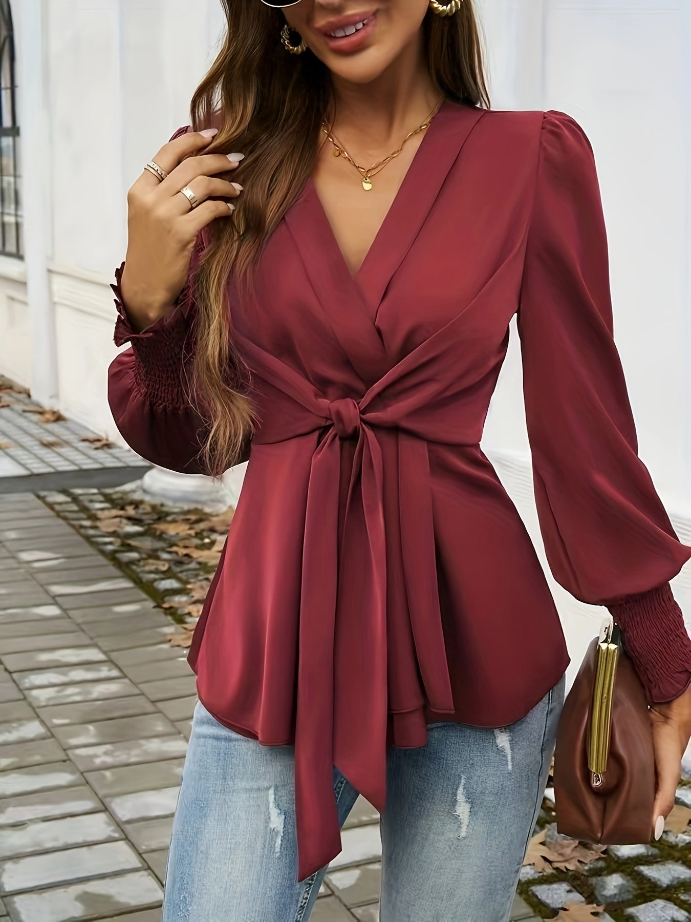 Zyla - Elegant strap blouse with puff sleeves