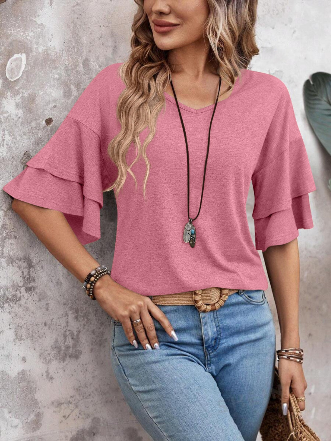 Zayira - Elegant half-sleeve blouse with layered ruffles