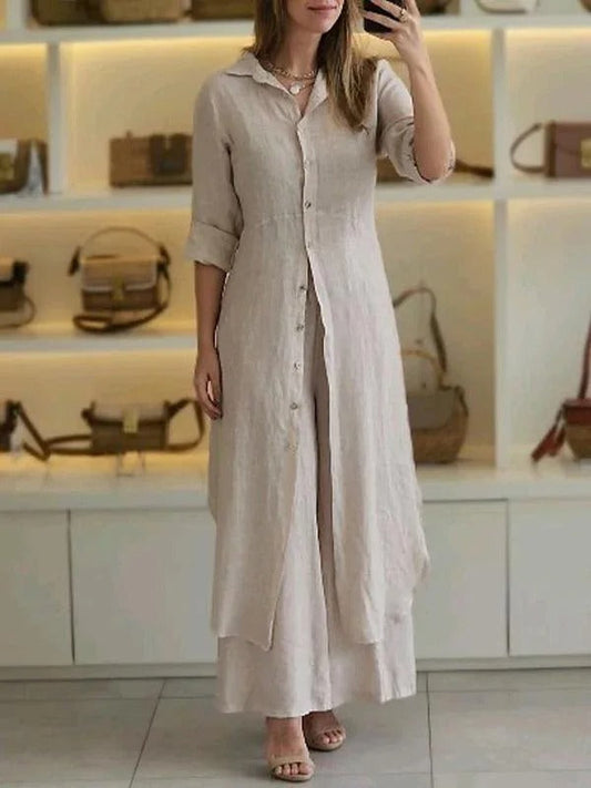 Sunniva - Casual linen buttoned maxi dress and wide-leg trousers set