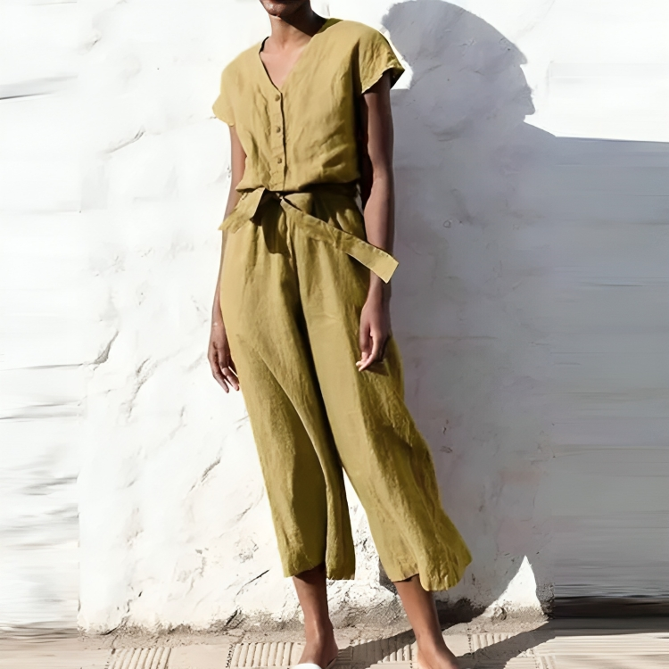 Lizzette - Casual short-sleeve V-neck straight-leg jumpsuit