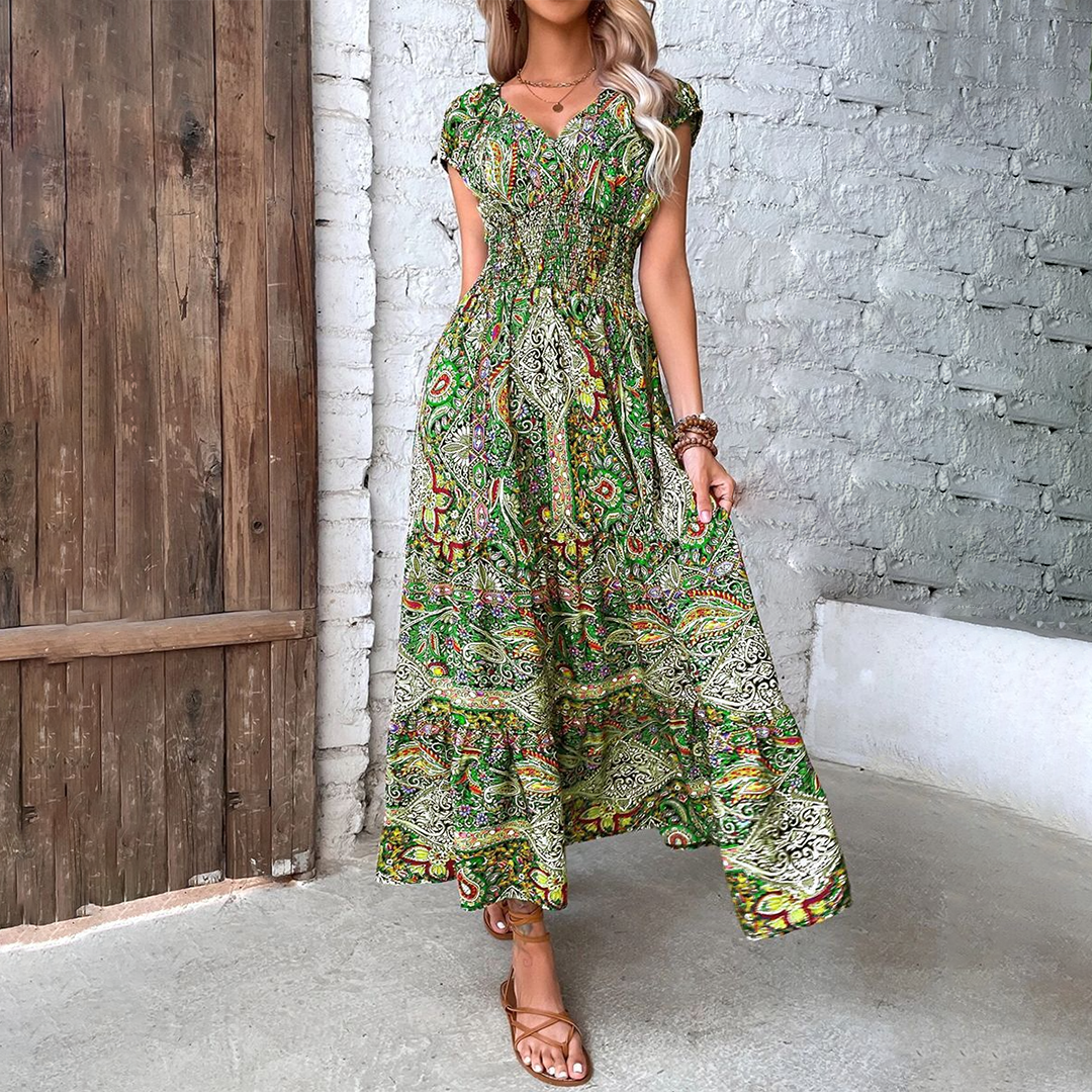 Keisha - Elegant short-sleeve bohemian maxi dress with V-neck
