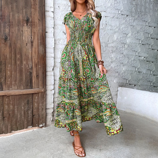 Keisha - Elegant short-sleeve bohemian maxi dress with V-neck