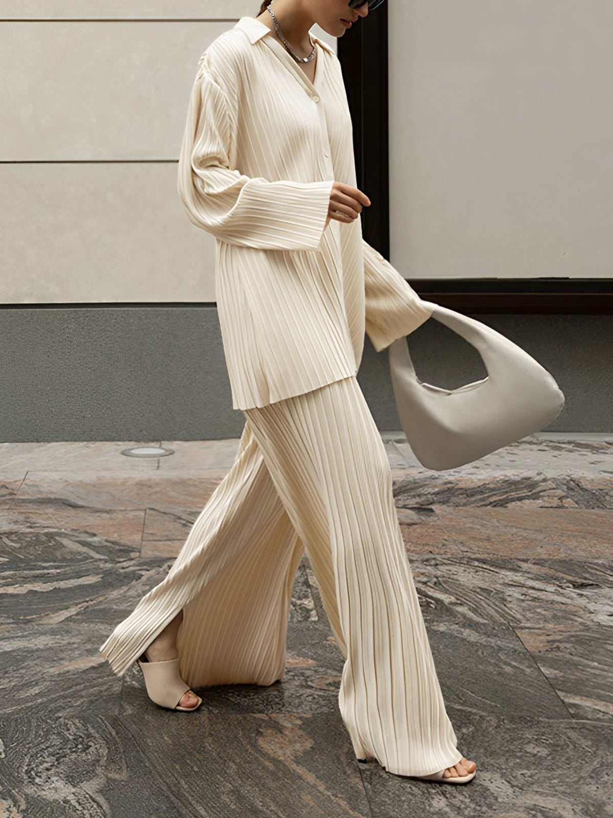 Valery - Elegant pleated blouse and wide-leg trousers set