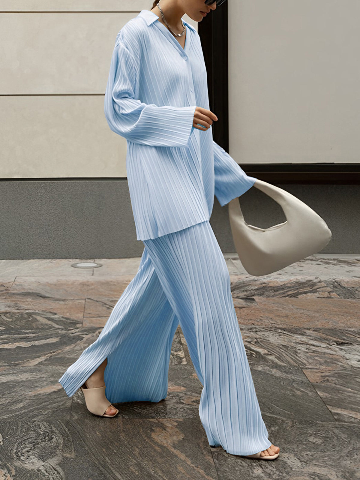 Valery - Elegant pleated blouse and wide-leg trousers set