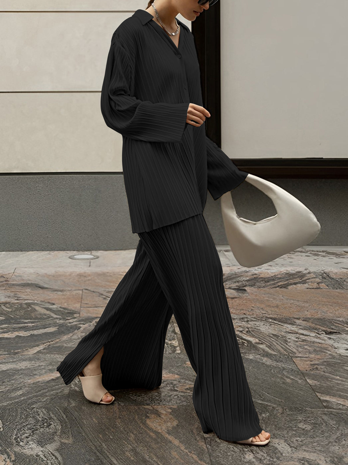 Valery - Elegant pleated blouse and wide-leg trousers set