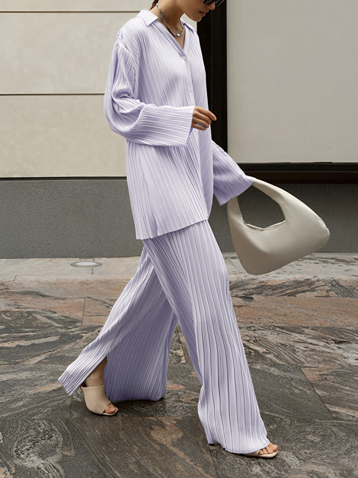 Valery - Elegant pleated blouse and wide-leg trousers set