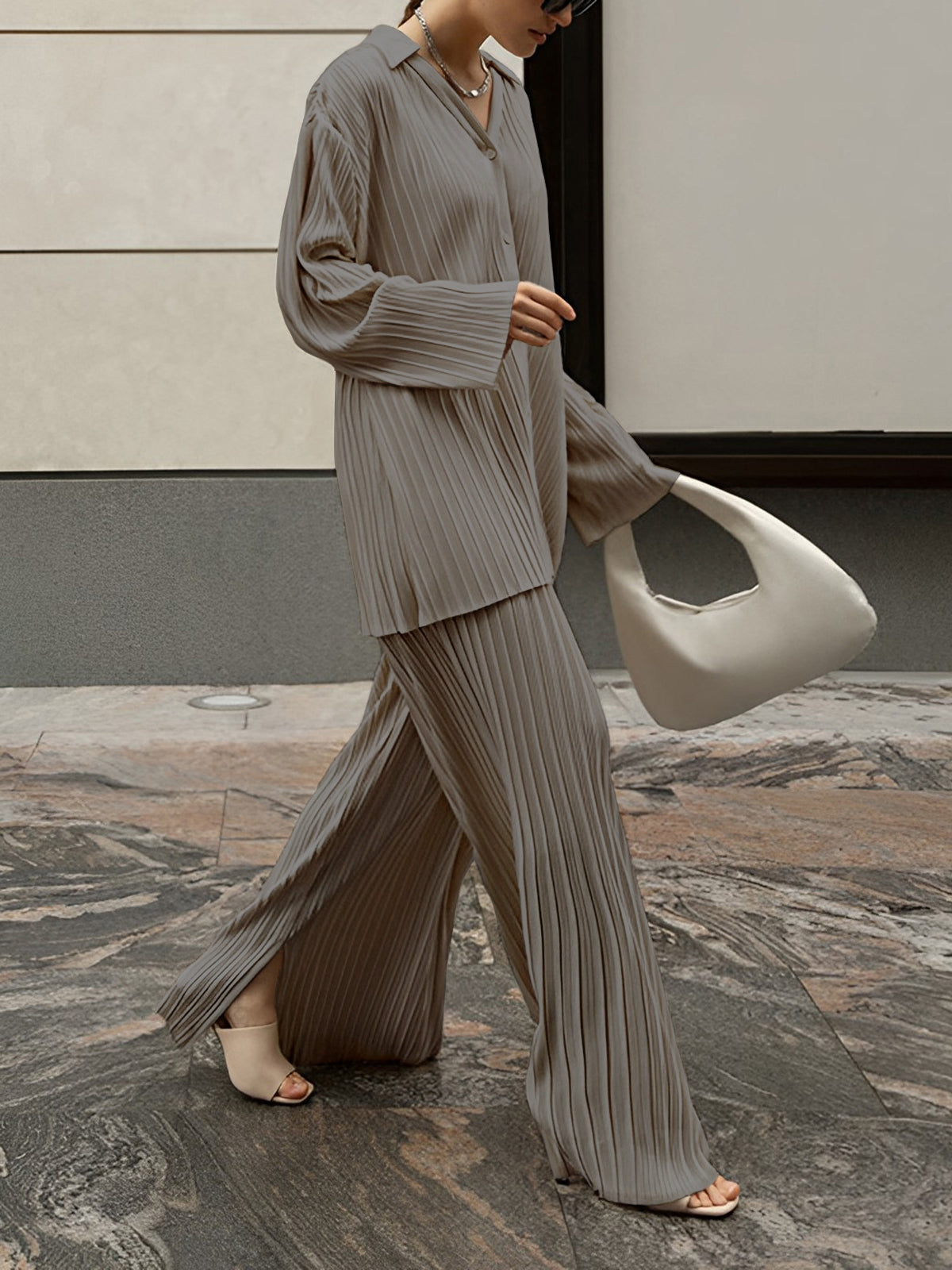Valery - Elegant pleated blouse and wide-leg trousers set