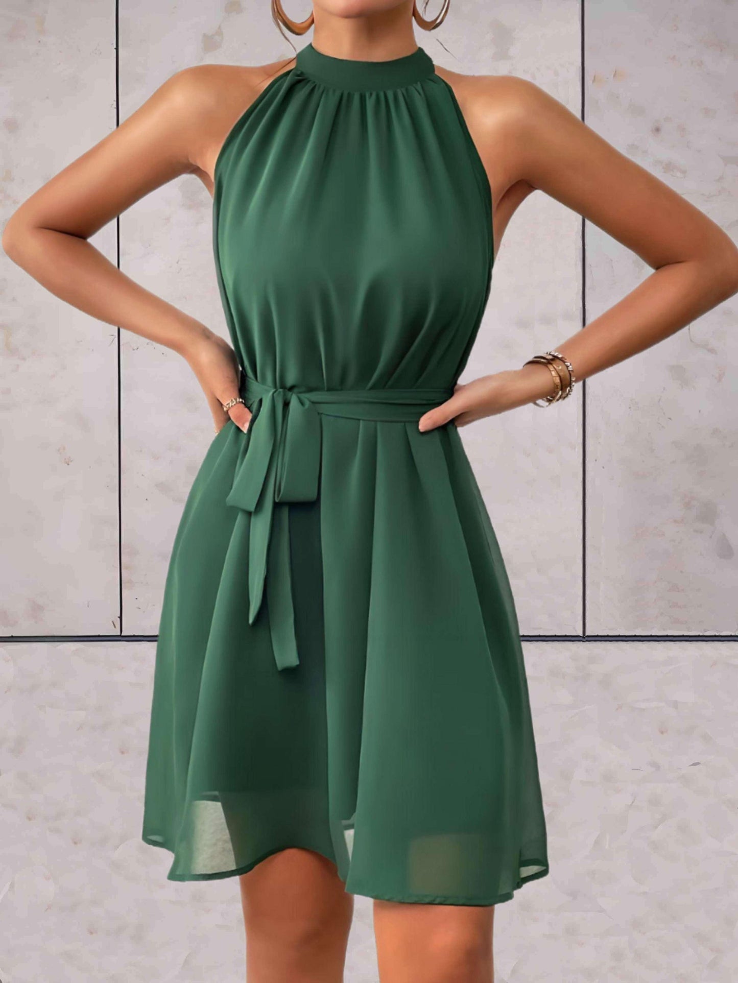 Amethyst - Elegant sleeveless halter dress with bow belt