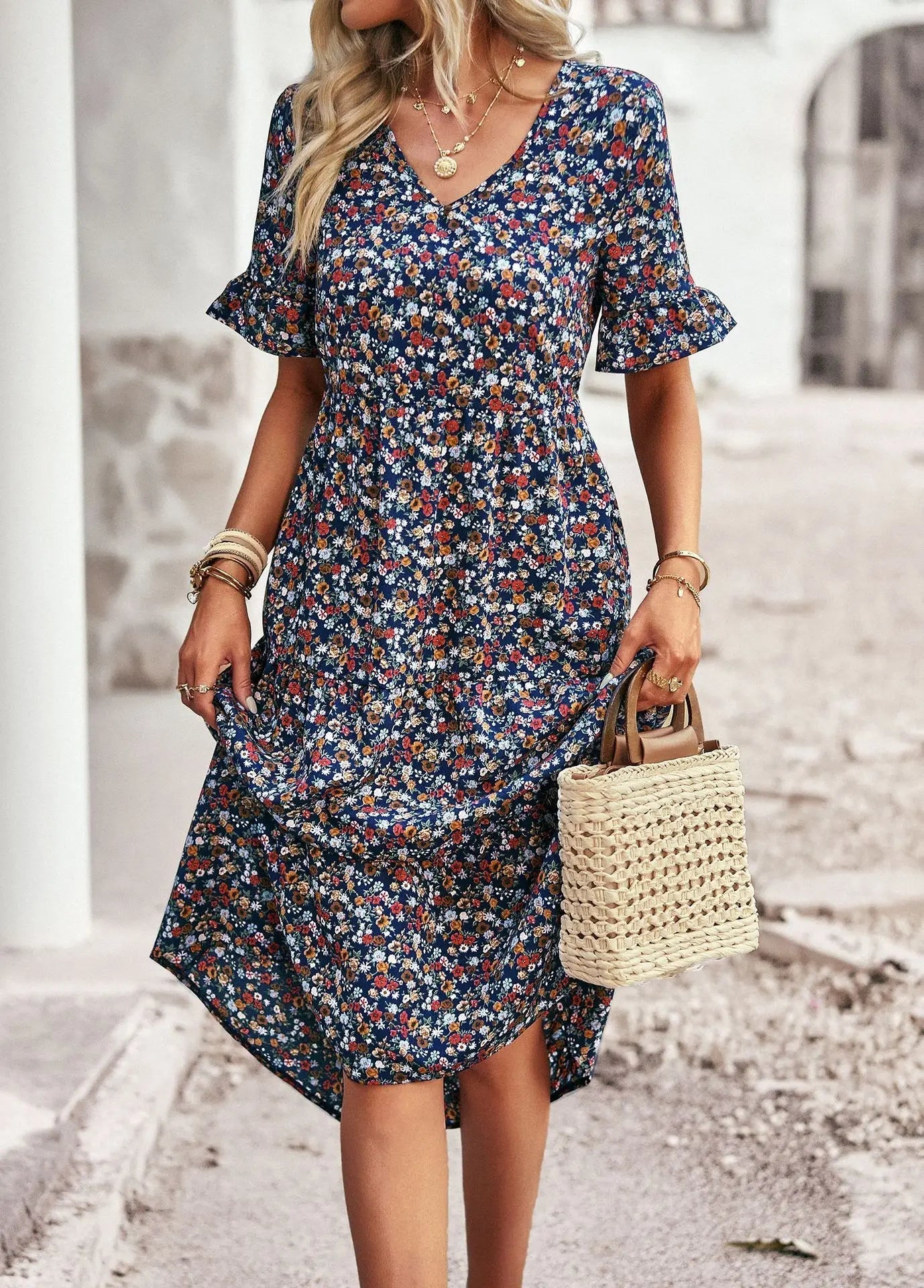 Brianne - Elegant floral V-neck dress with ruffle short sleeves