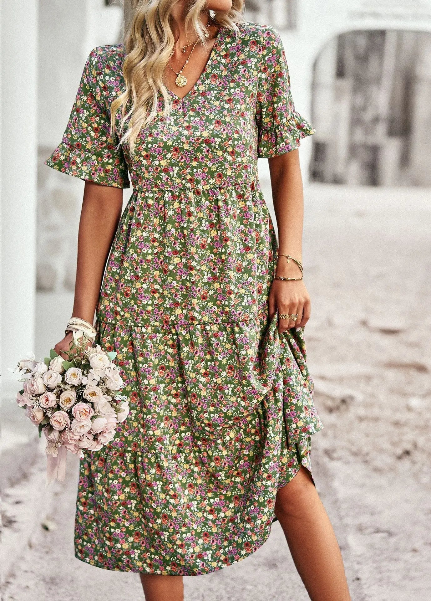 Brianne - Elegant floral V-neck dress with ruffle short sleeves