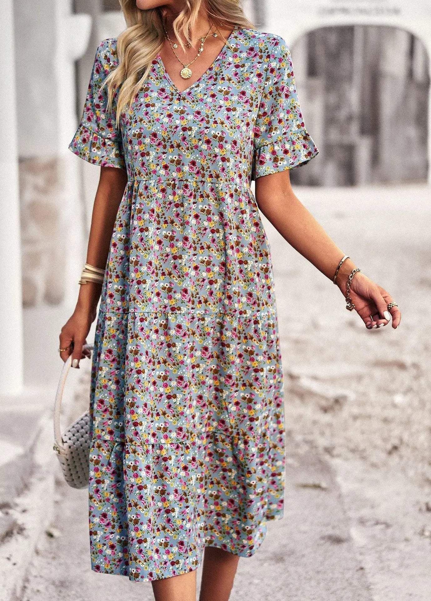 Brianne - Elegant floral V-neck dress with ruffle short sleeves