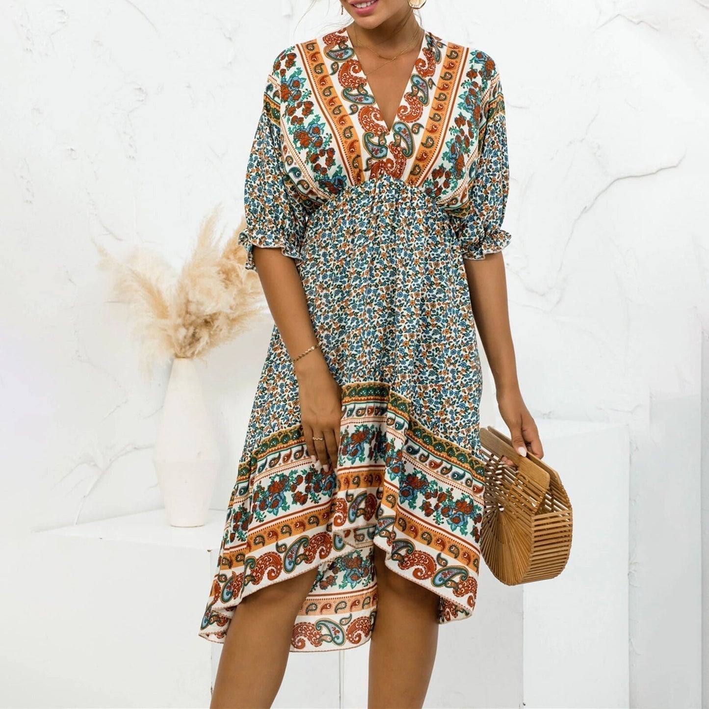 Verosha - Elegant floral midi dress with half sleeves and deep V-neck