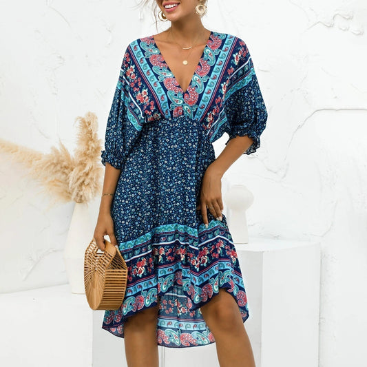 Verosha - Elegant floral midi dress with half sleeves and deep V-neck