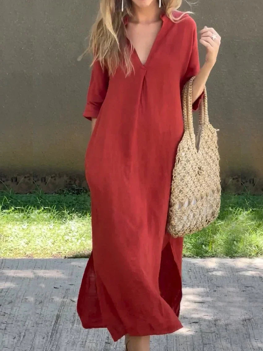 Janela - Loose comfortable half-sleeve deep V-neck dress