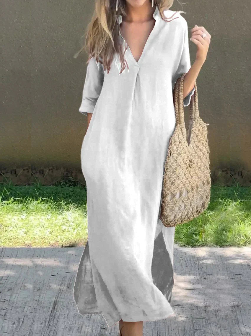 Janela - Loose comfortable half-sleeve deep V-neck dress