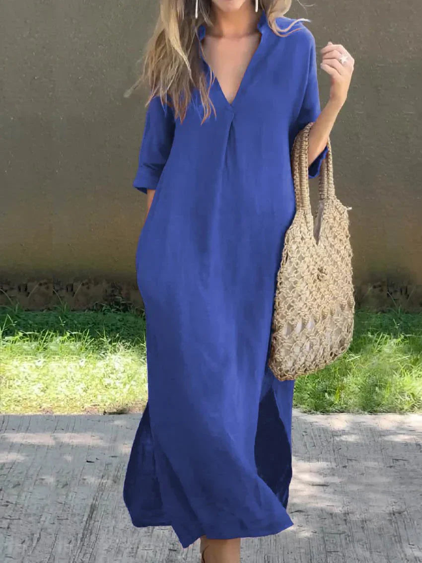 Janela - Loose comfortable half-sleeve deep V-neck dress