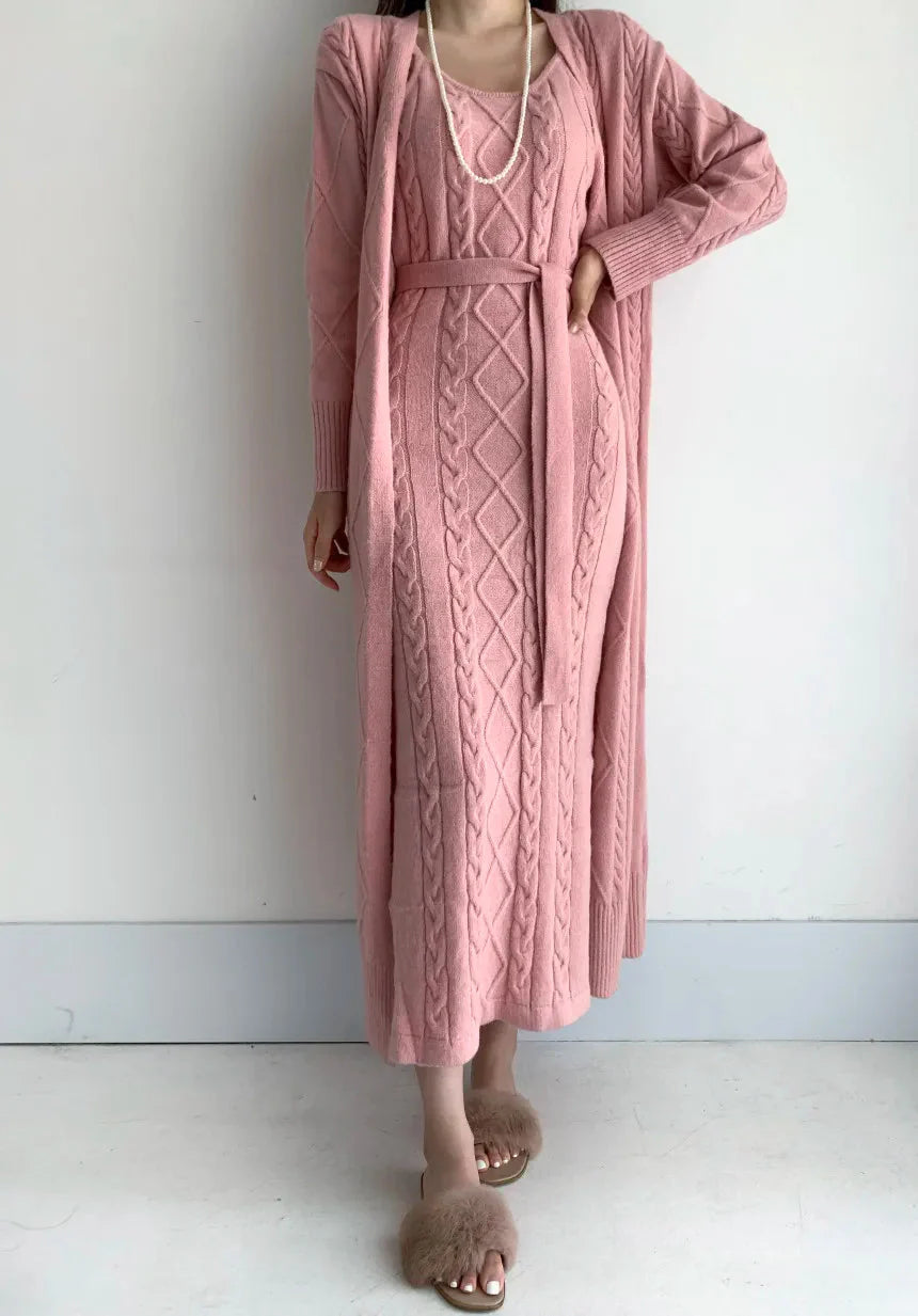 Zandra - Elegant long knitted dress and cardigan set