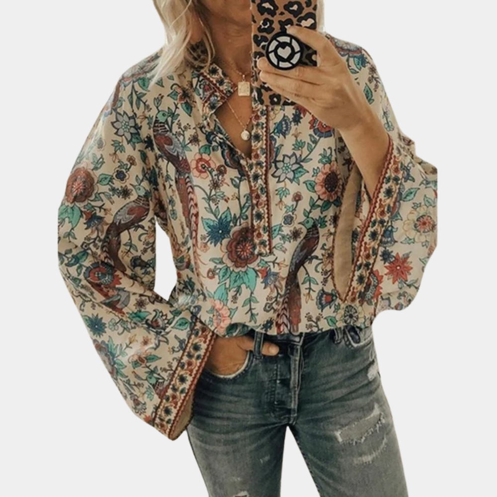 Nikayla - Elegant long-sleeve blouse with floral lantern sleeves