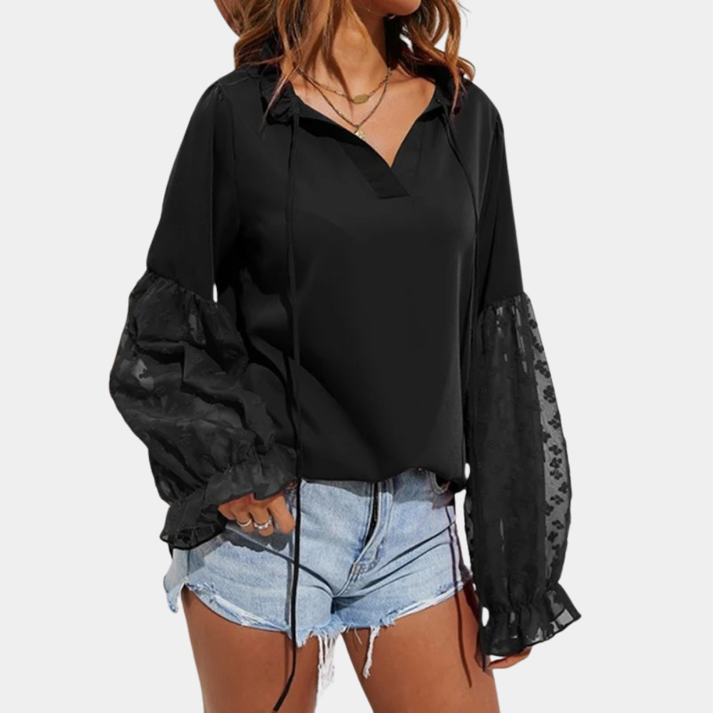 Xamira - Elegant loose lantern-sleeve blouse with tie-neck