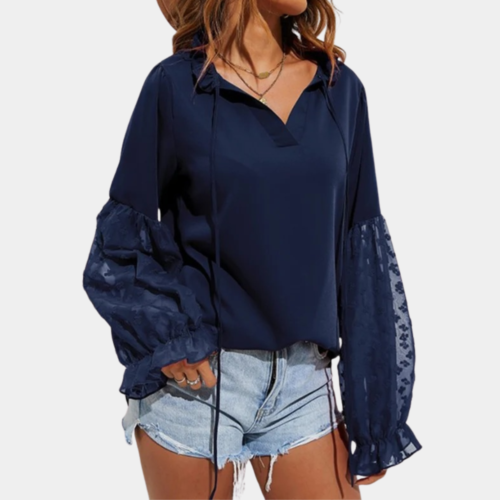 Xamira - Elegant loose lantern-sleeve blouse with tie-neck