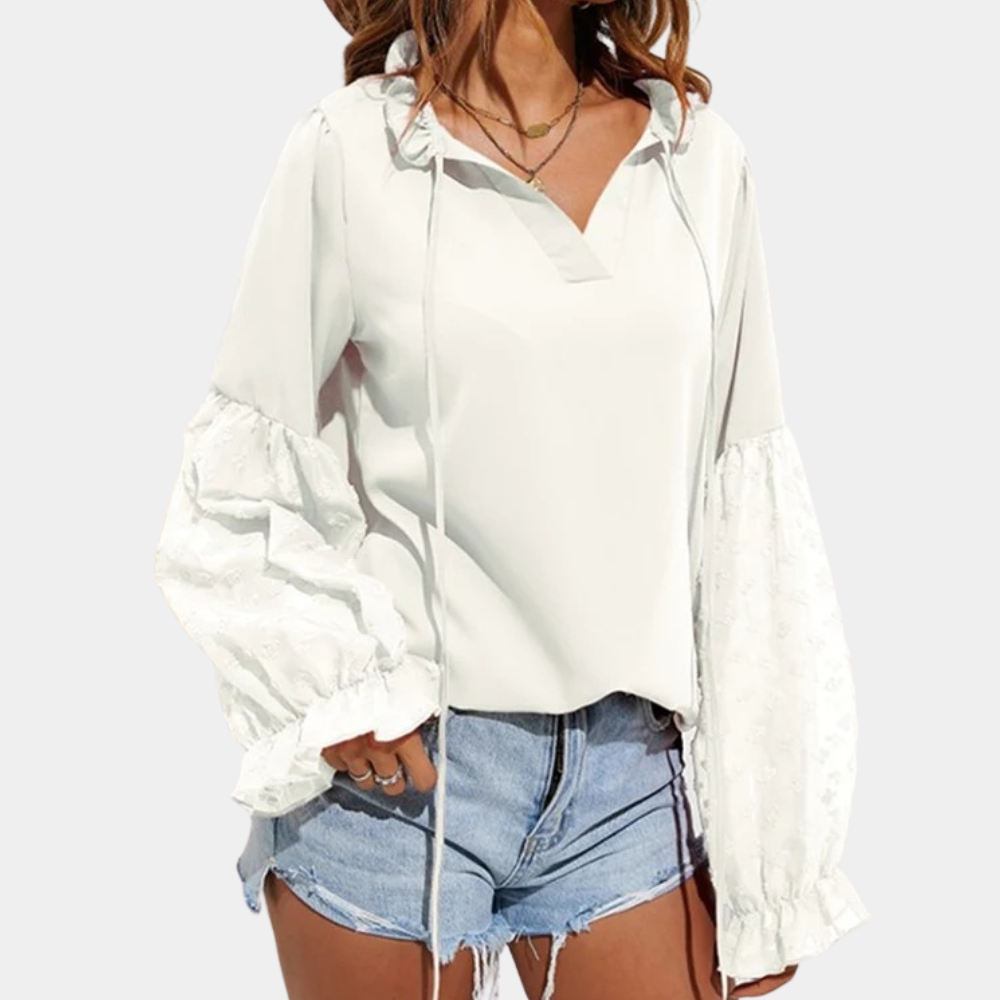 Xamira - Elegant loose lantern-sleeve blouse with tie-neck