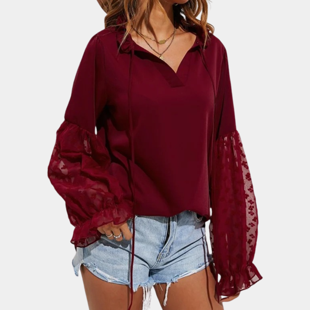 Xamira - Elegant loose lantern-sleeve blouse with tie-neck