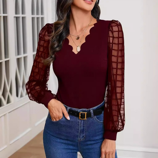 Stephanie - Elegant v-neck lace long-sleeve blouse