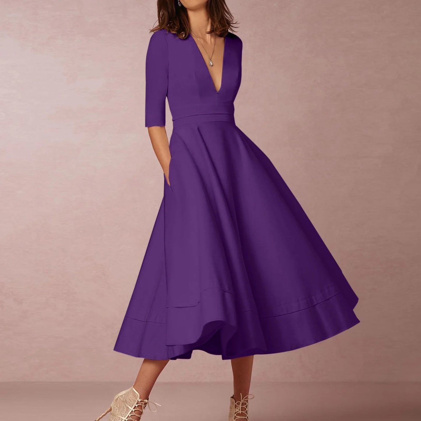 Women's Elegant A-Line Dress | Midi, Deep V-Neck
