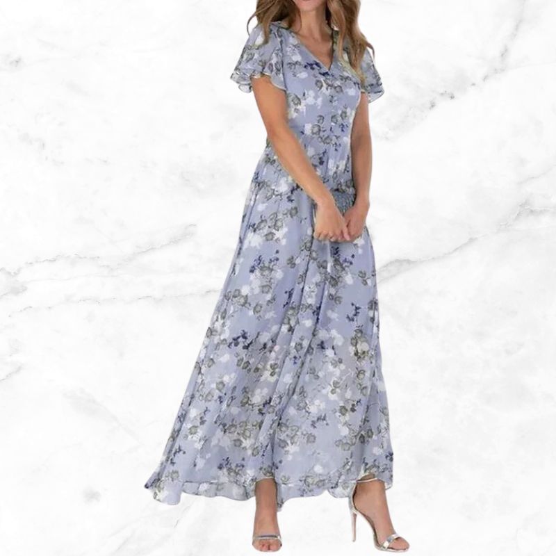 Roswen - Elegant floral maxi dress with V-neck and ruffles