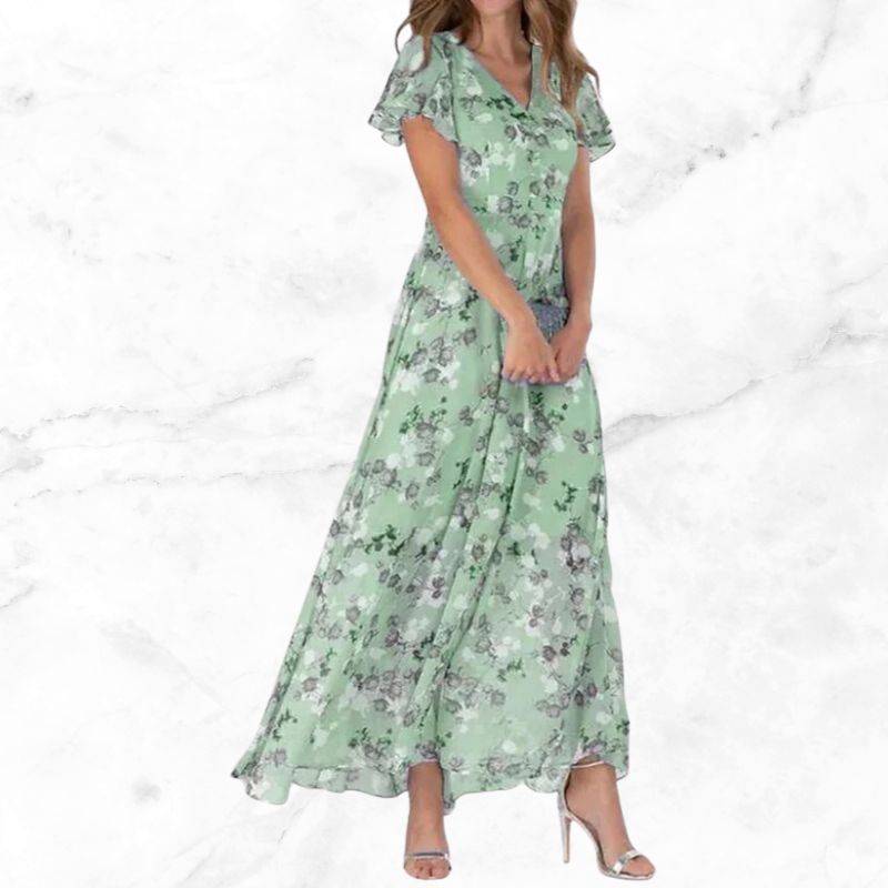 Roswen - Elegant floral maxi dress with V-neck and ruffles