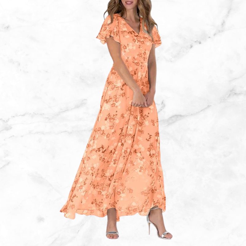Roswen - Elegant floral maxi dress with V-neck and ruffles