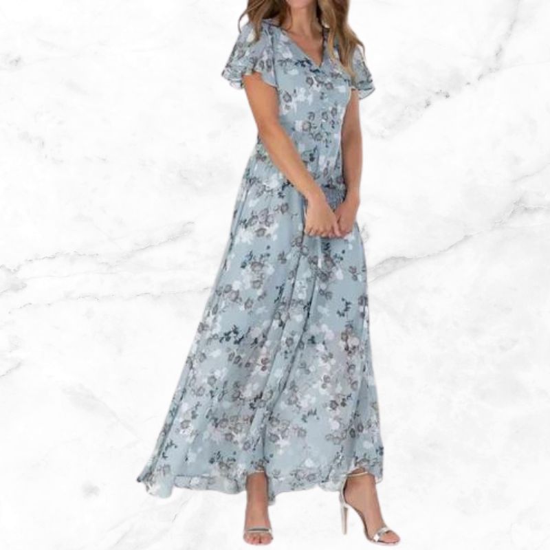 Roswen - Elegant floral maxi dress with V-neck and ruffles
