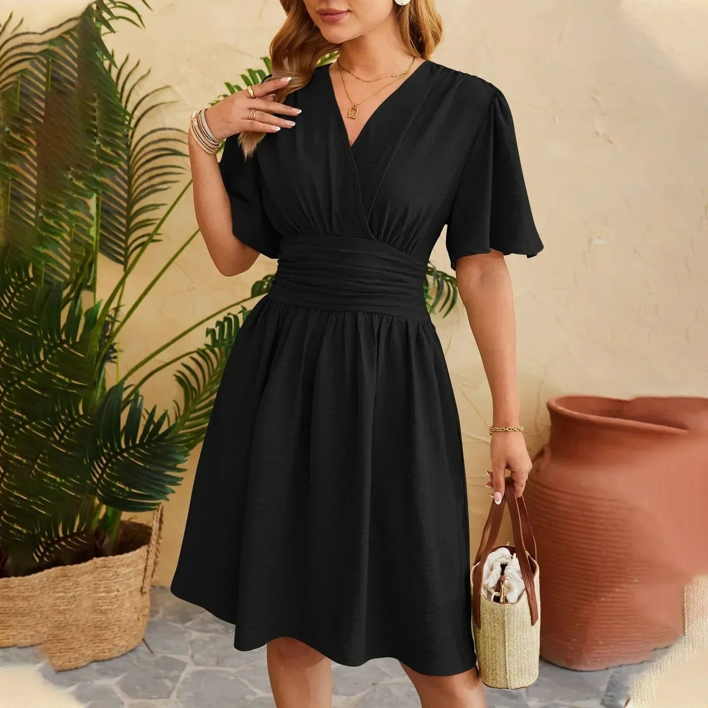 Oliviana - Elegant midi dress with short sleeves and V-neck