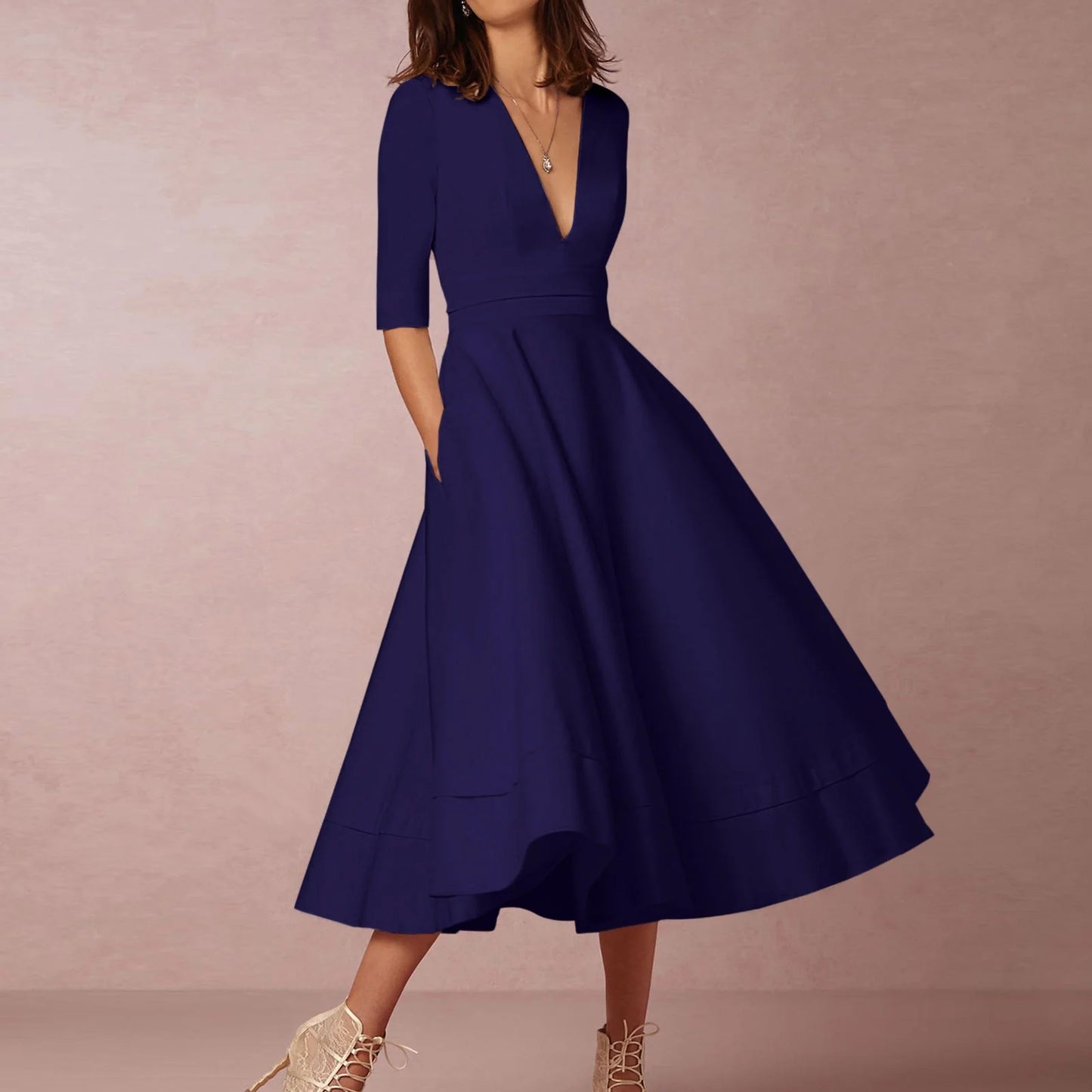 Women's Elegant A-Line Dress | Midi, Deep V-Neck