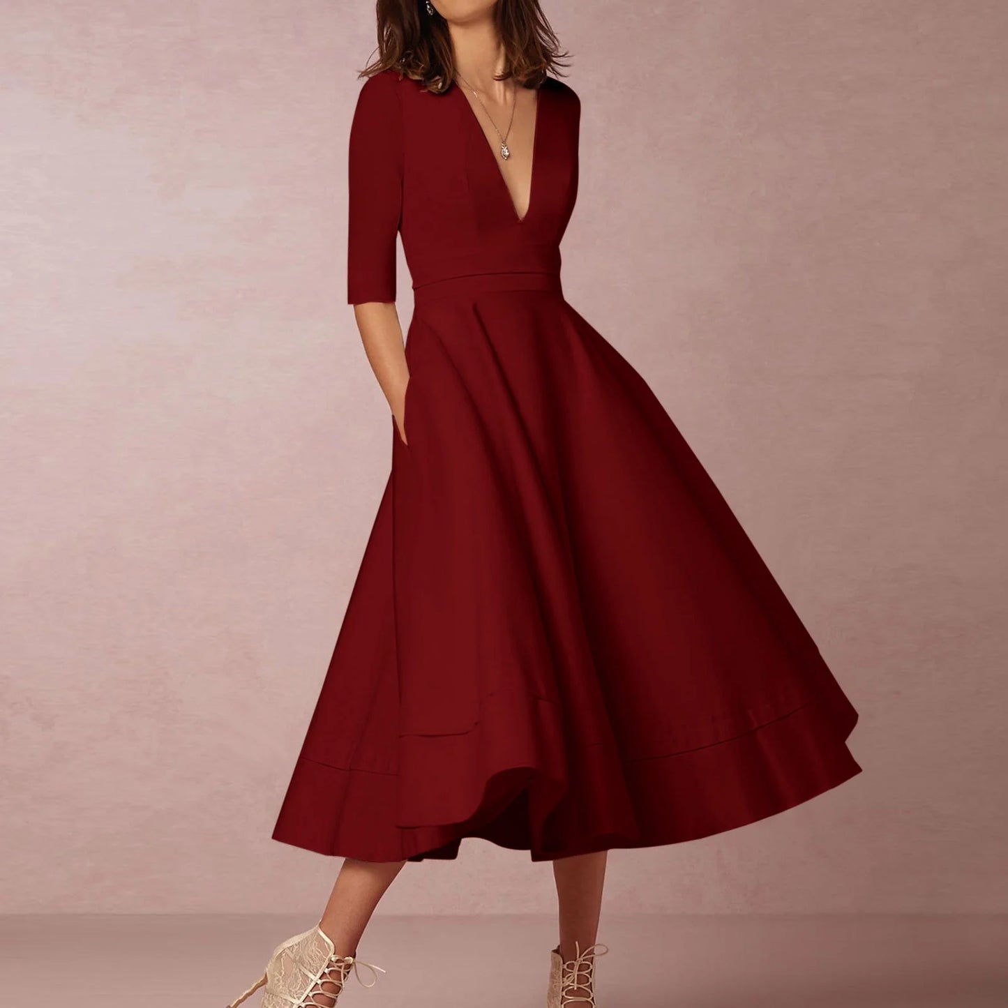 Women's Elegant A-Line Dress | Midi, Deep V-Neck