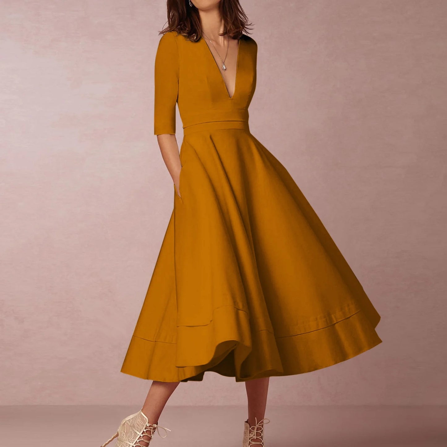 Women's Elegant A-Line Dress | Midi, Deep V-Neck