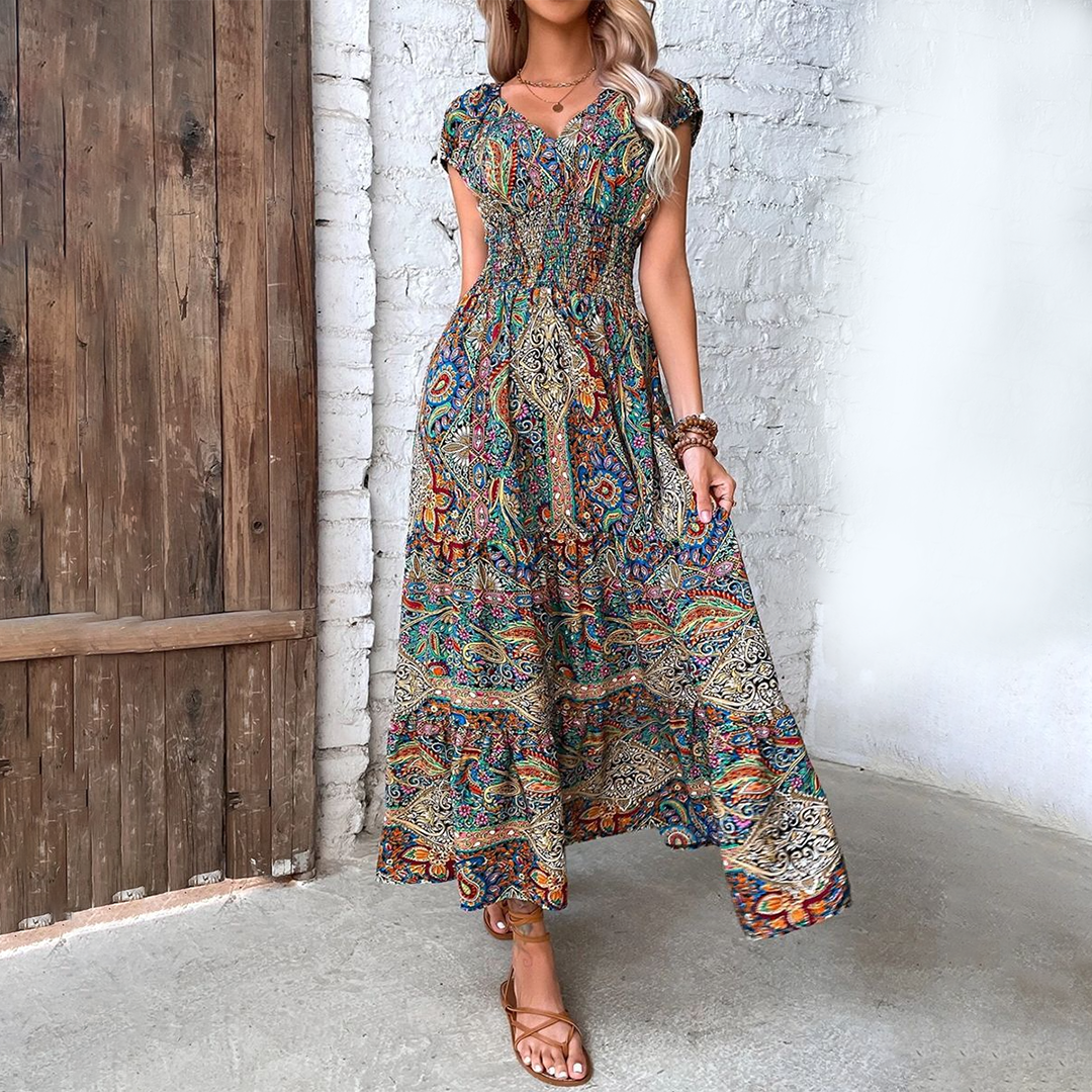 Keisha - Elegant short-sleeve bohemian maxi dress with V-neck