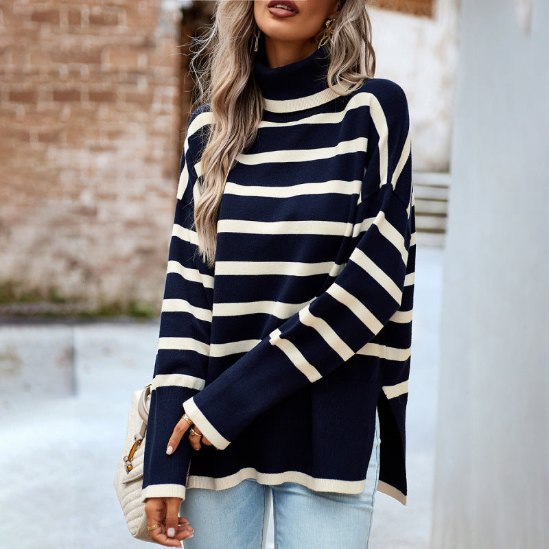 Zaniyah - Stylish long sleeve striped turtleneck warm sweater