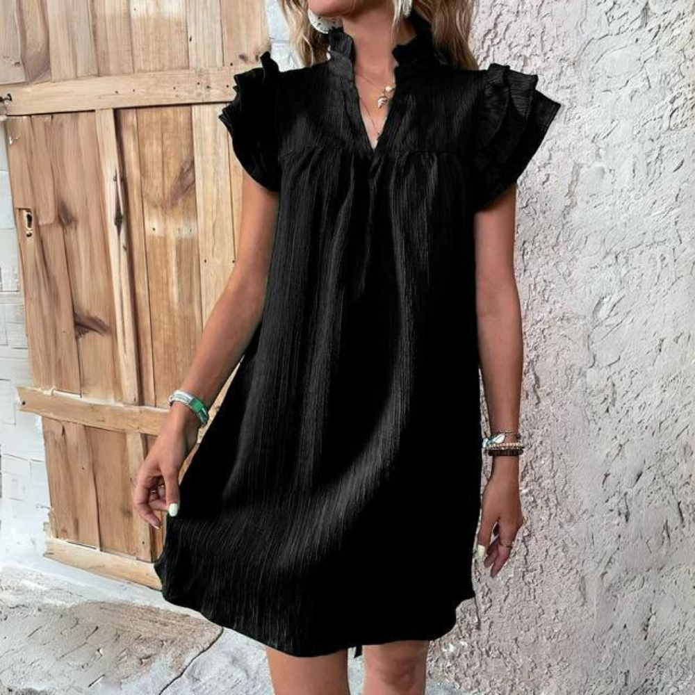 Zienna - Elegant short-sleeve mini dress with ruffles and V-neck
