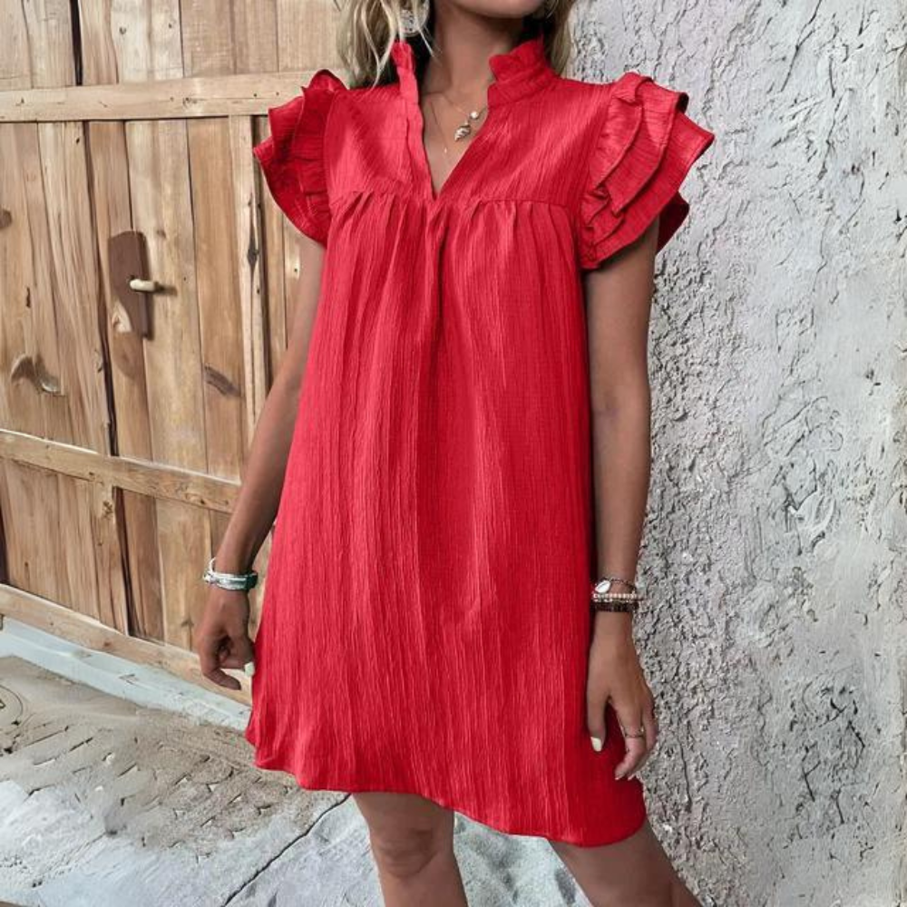 Zienna - Elegant short-sleeve mini dress with ruffles and V-neck