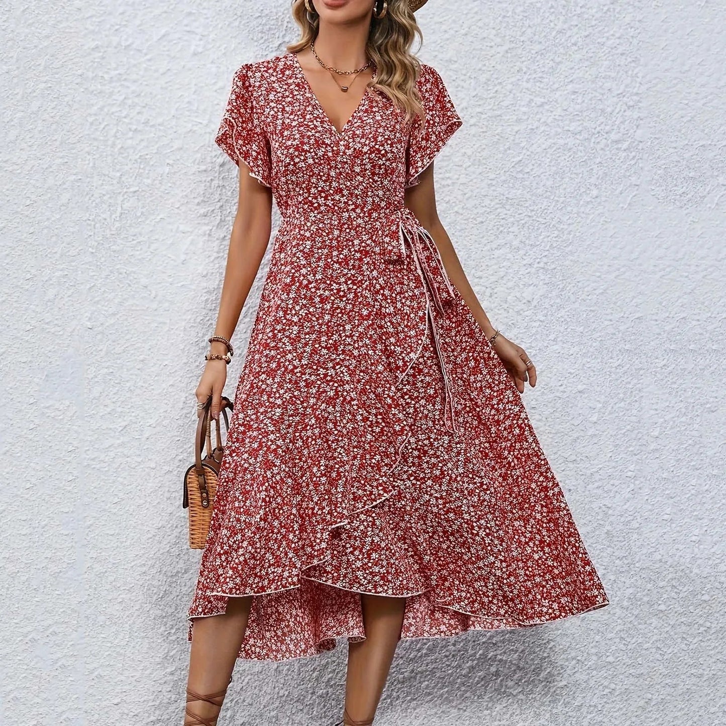 Veyana - Elegant floral midi dress with V-neck and split short sleeves