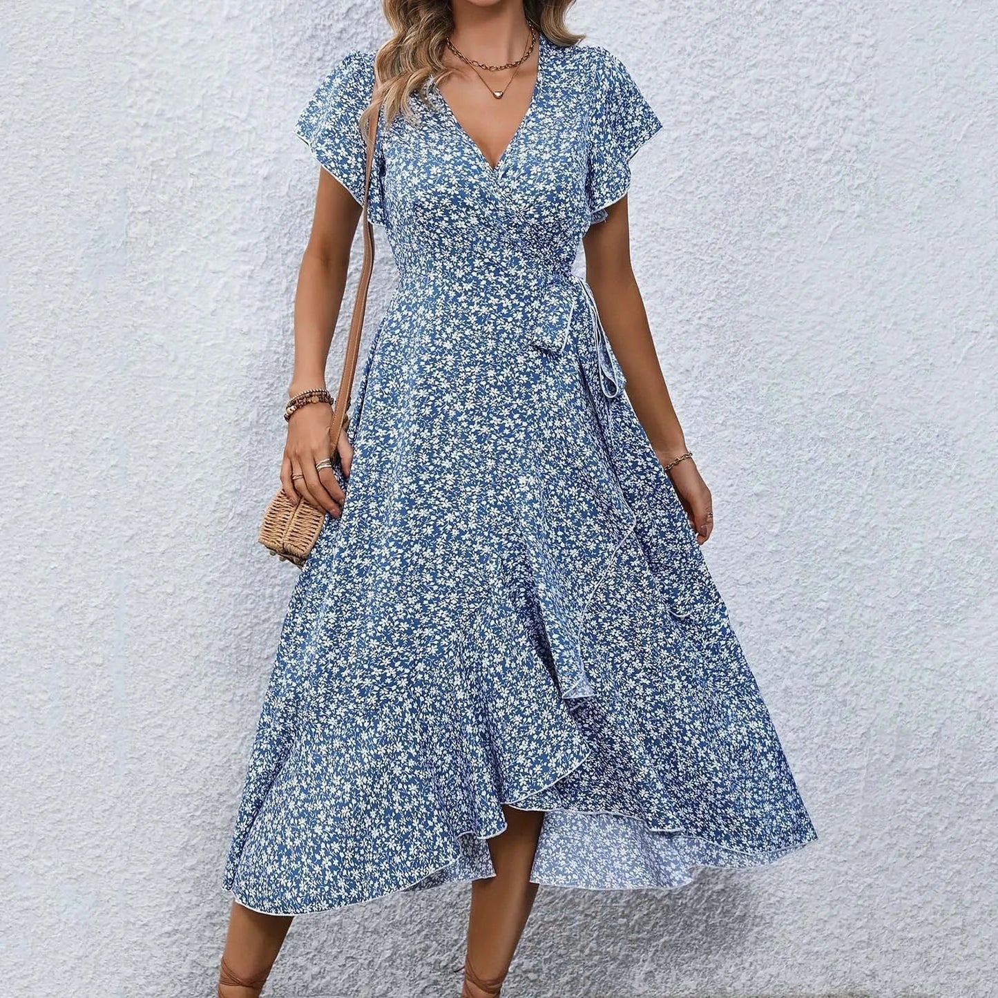 Veyana - Elegant floral midi dress with V-neck and split short sleeves