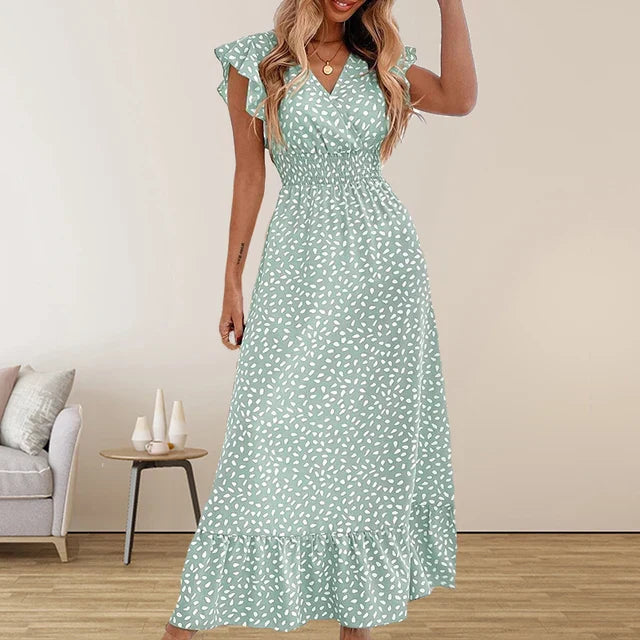 Hannelie - Elegant sleeveless chiffon maxi dress with V-neck and ruffle